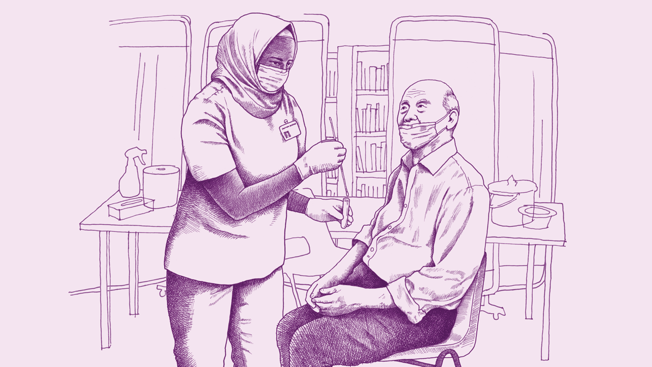 A young Black nurse wearing a hijab and a face mask gives an older Asian man a COVID test. The man also wears a face mask.