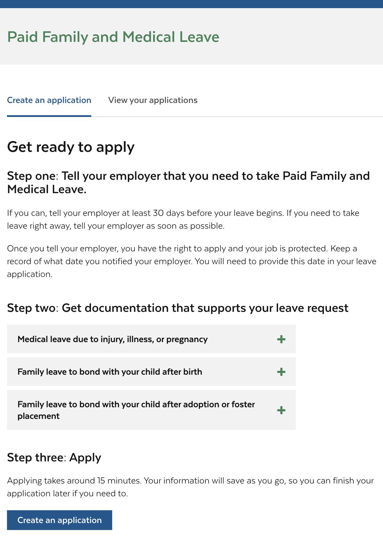 A screenshot showing big picture, step by step instructions for how to apply for PFML as well as an option to view current application.