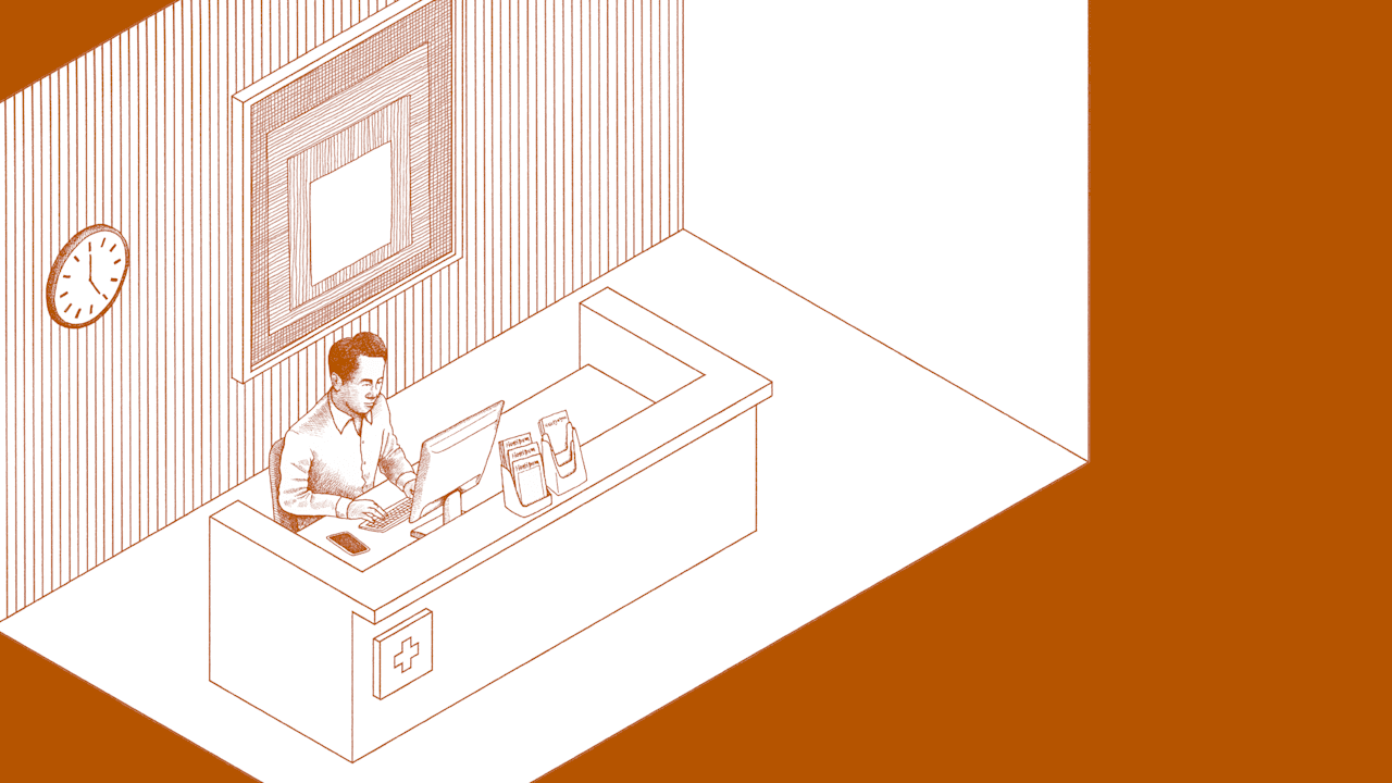 Illustration of a young east Asian man sitting at the reception of the health care facility looking at a computer.