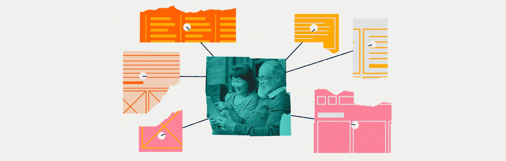 A sea green photo of an older couple sitting side by side, smiling and pointing at a screen, is circled by six pieces of torn squares in pink, orange, yellow, and white.