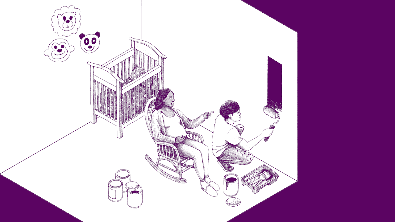 Illustration of a Black pregnant woman sitting in a rocking chair in a nursery. Her partner paints the nursery walls.