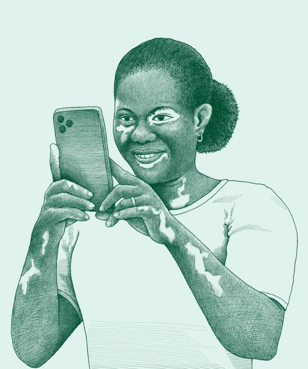 Nava brand line illustration of a Black woman with vitiligo smiling while using a cell phone in green ink. Illustrations show the diversity of humanity through a journalistic, intentionally imperfect, photo-realistic style.