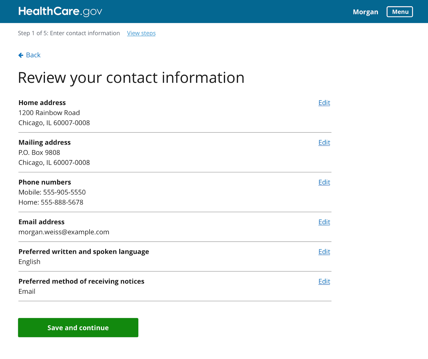 A screenshot of a section review example in the HealthCare.gov application, listing contact information for the applicant to review.