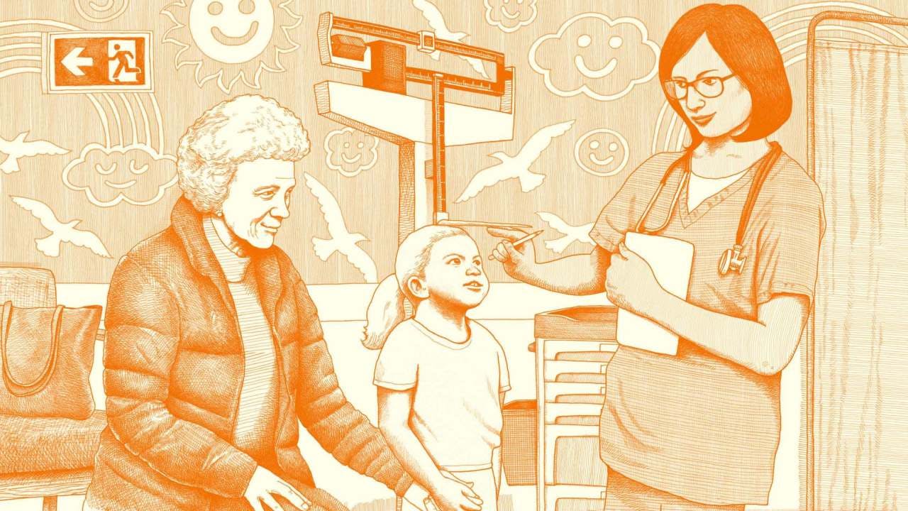 An illustration of a grandmother holding the hand of a 5-year old girl, both white, as the girl's height is measured by a nurse, also white, during a routine checkup.