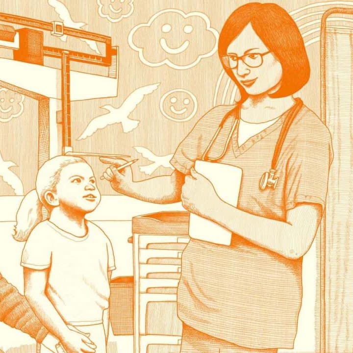 An illustration of a grandmother holding the hand of a 5-year old girl, both white, as the girl's height is measured by a nurse, also white, during a routine checkup.