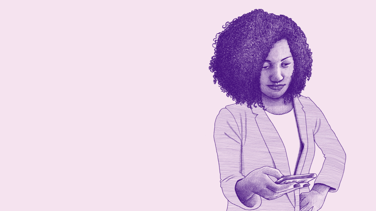 Nava brand line illustration of a Black woman in a business blazer holding a cell phone in purple ink. Illustrations show the diversity of humanity through a journalistic, intentionally imperfect, photo-realistic style.