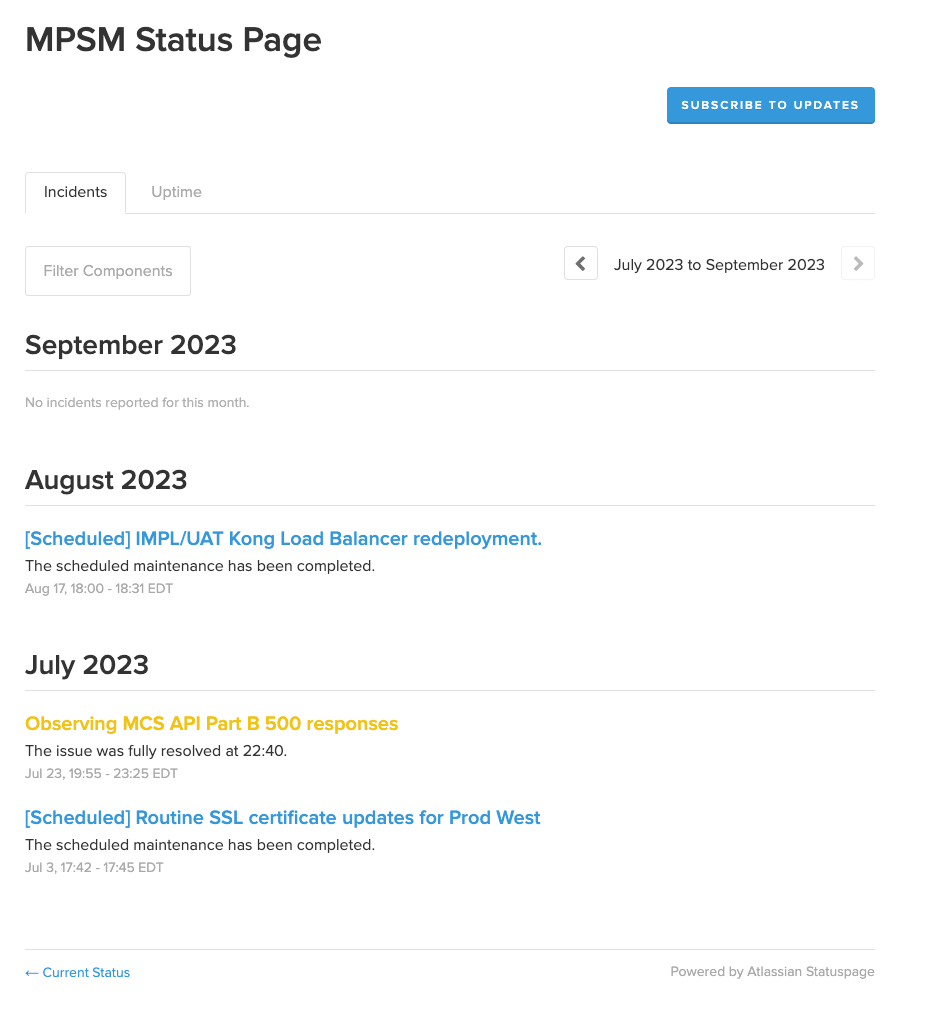 A screenshot of an incident history log. It captures scheduled maintenance events as well as one short-lived incident.