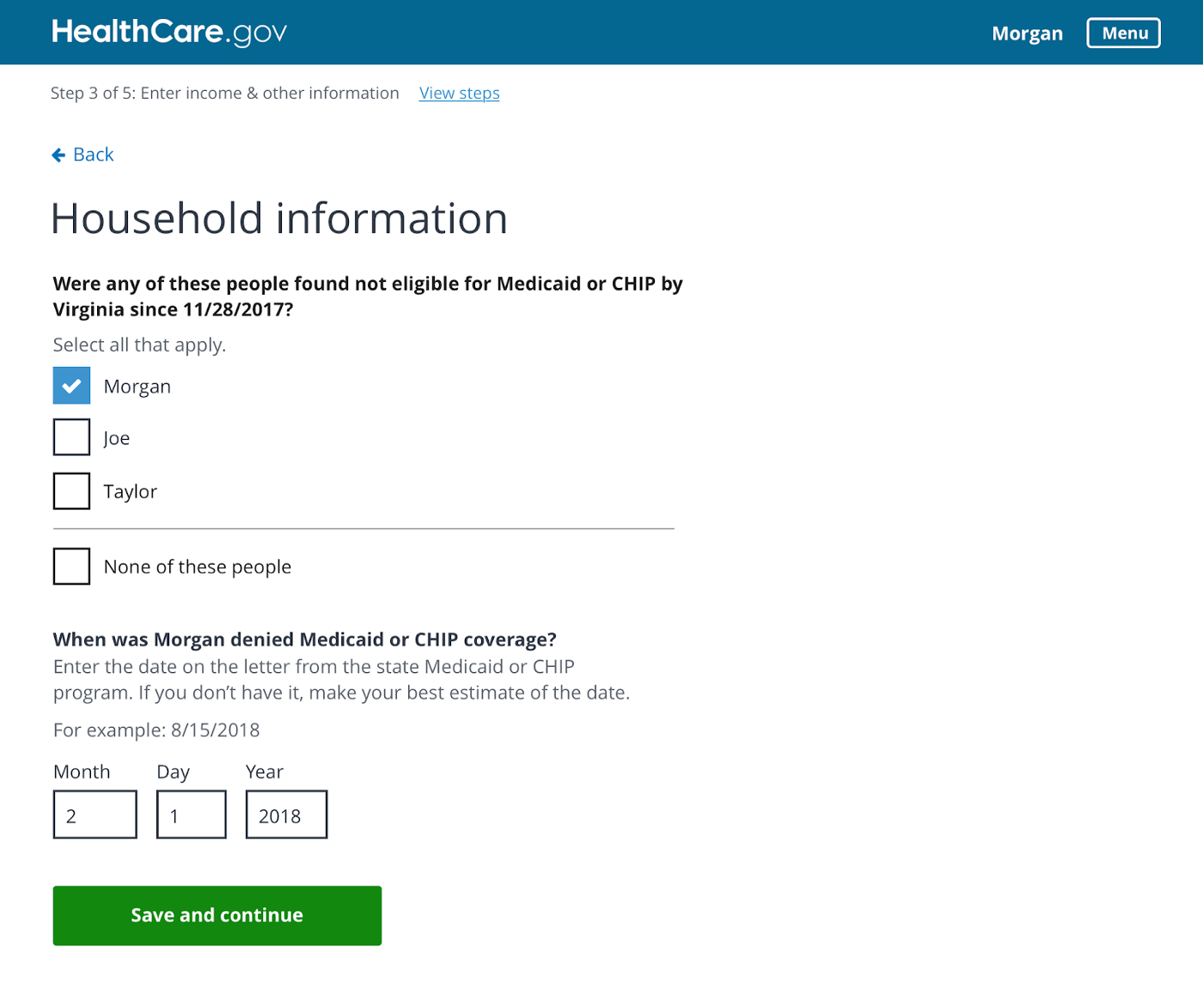 A screenshot of a questions page in the HealthCare.gov application, including questions about members of the applicant's household.