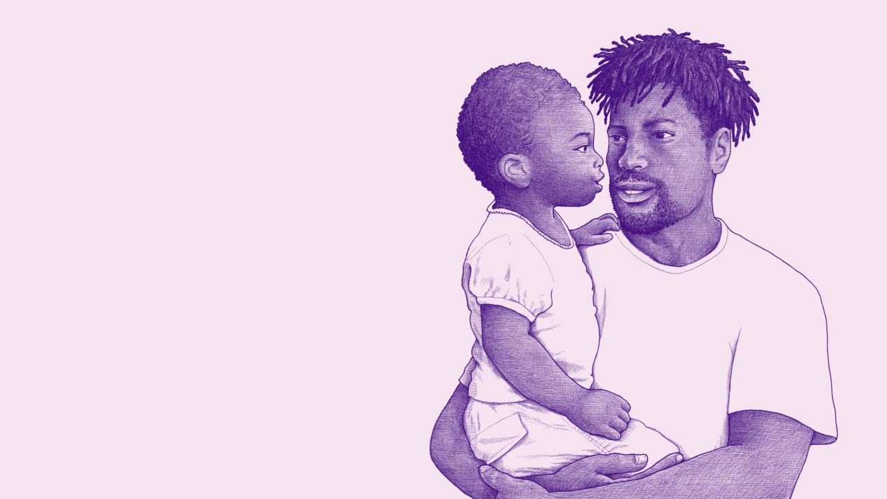 Nava brand illustration of a Black man holding a Black baby in purple ink. Illustrations show the diversity of humanity through a journalistic, intentionally imperfect, photo-realistic style.
