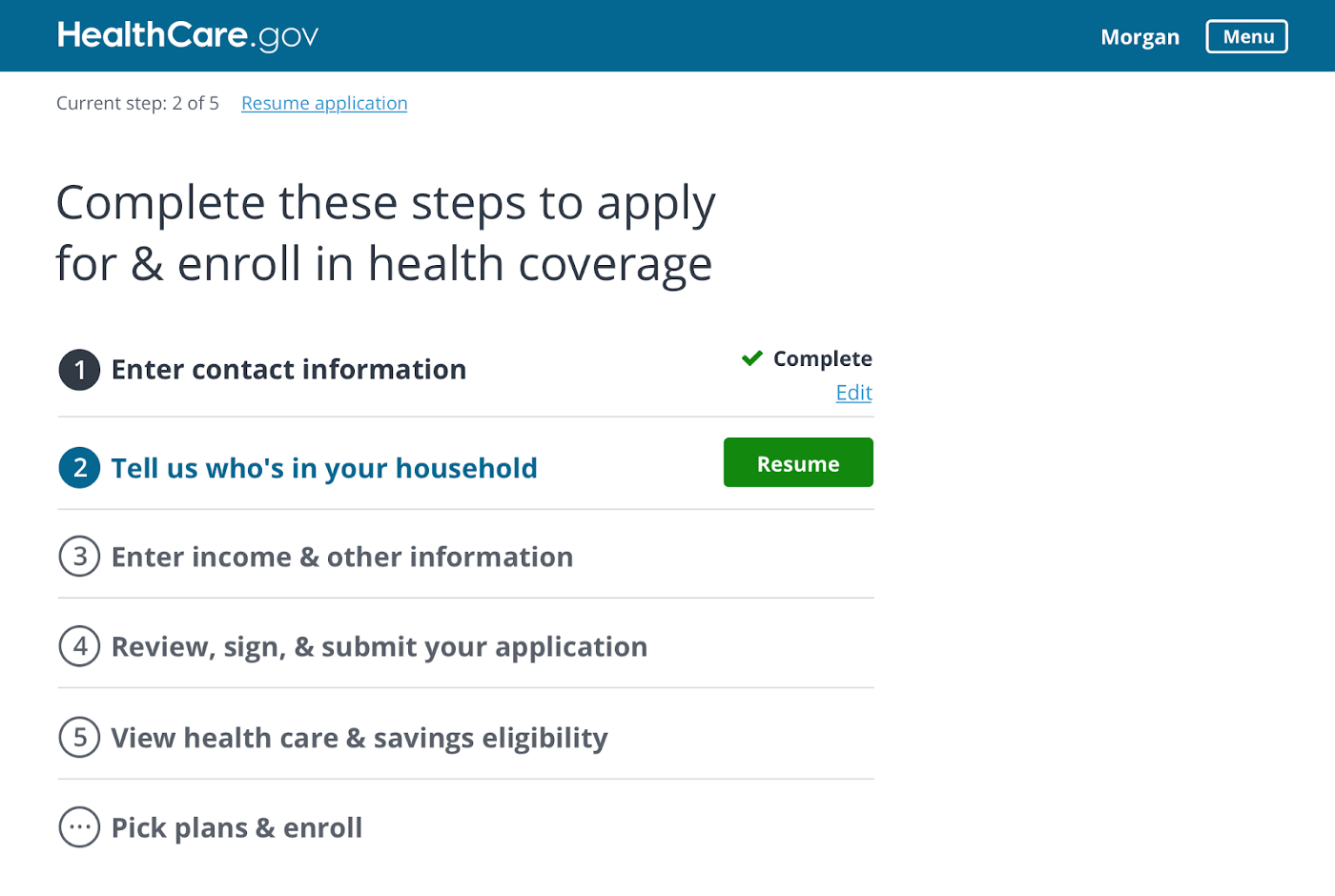 A screenshot of a task list in the HealthCare.gov application, including steps like Enter contact information and Tell us who's in your household.