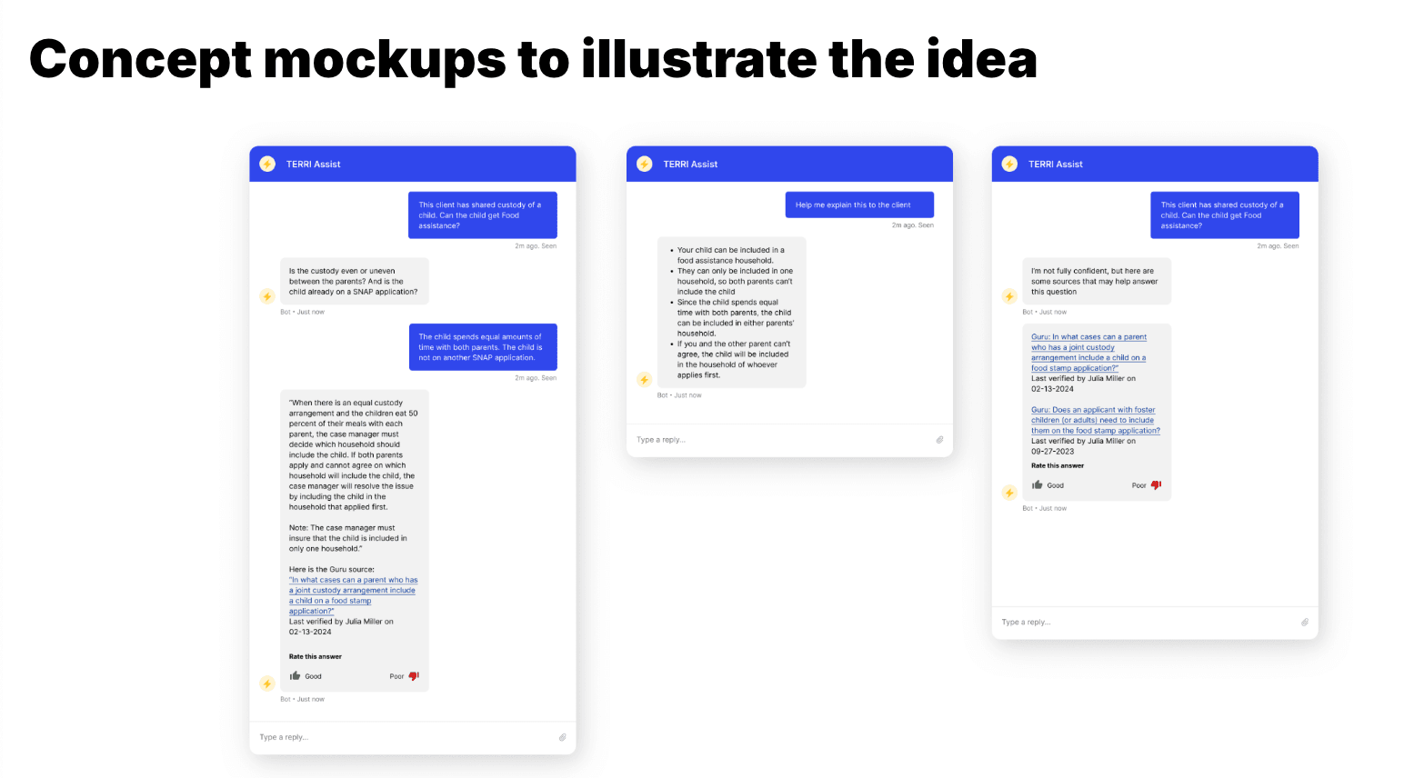 A screenshot of chatbot conversation mock-ups.