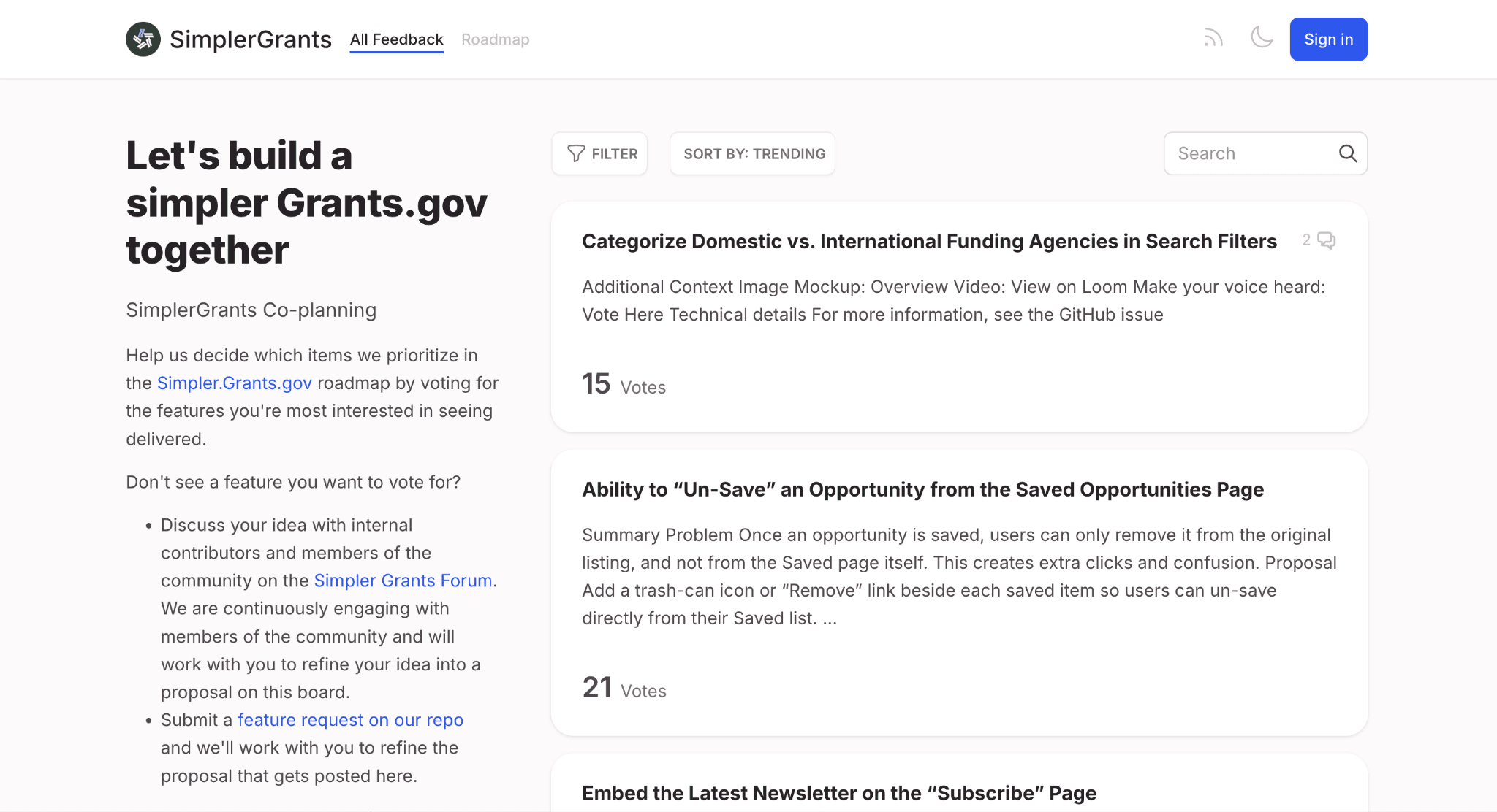 A screenshot of the SimplerGrants co-planning board.