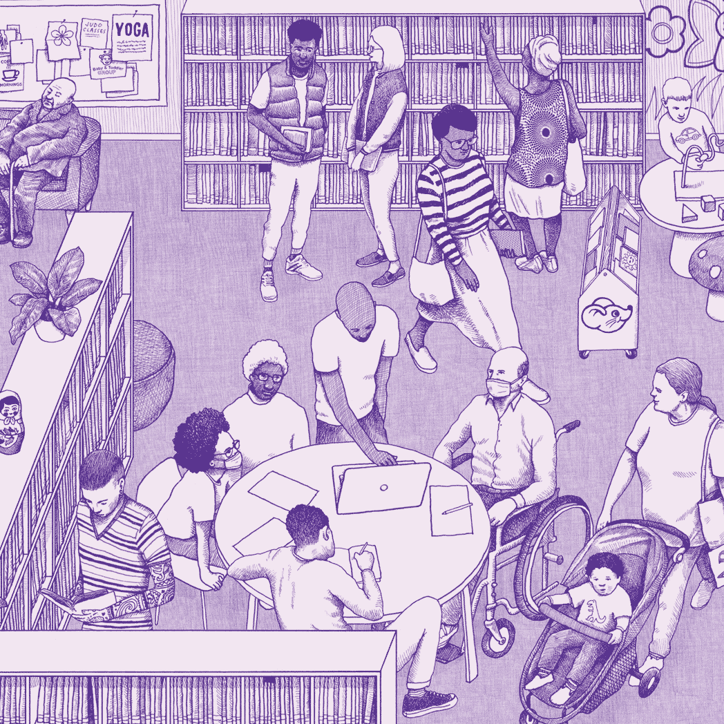 An illustration of a diverse group of people using a public library.