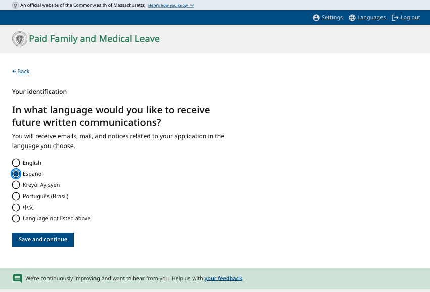 A screenshot of the Massachusetts PFML portal. It displays a question asking people what language they'd like to receive written communications in. 