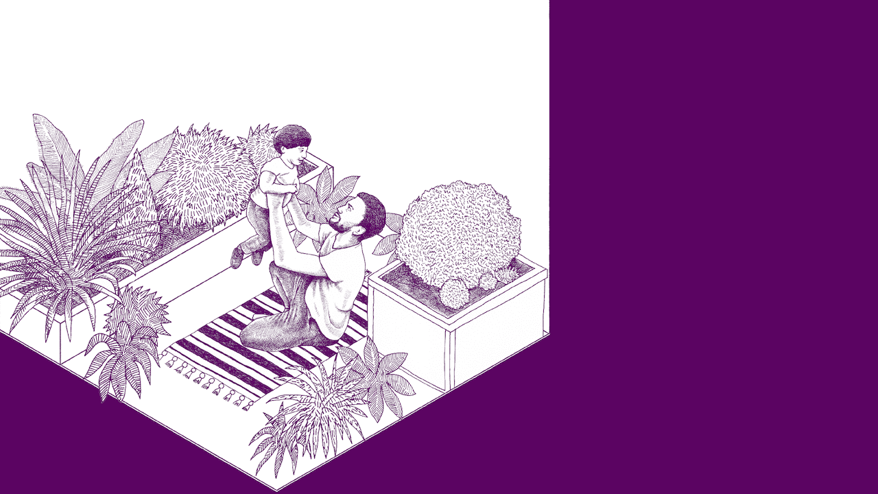 Illustration of a Middle Eastern man playing with his child on a rooftop patio.
