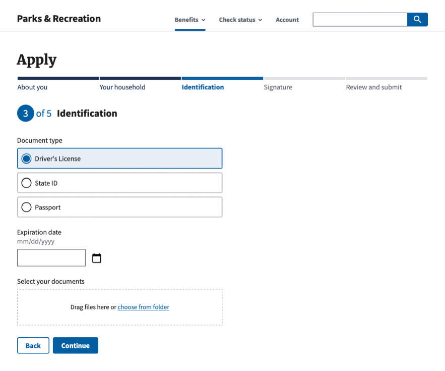 A gif showing three different design iterations of a Parks & Recreation form, using variations on just four design tokens.