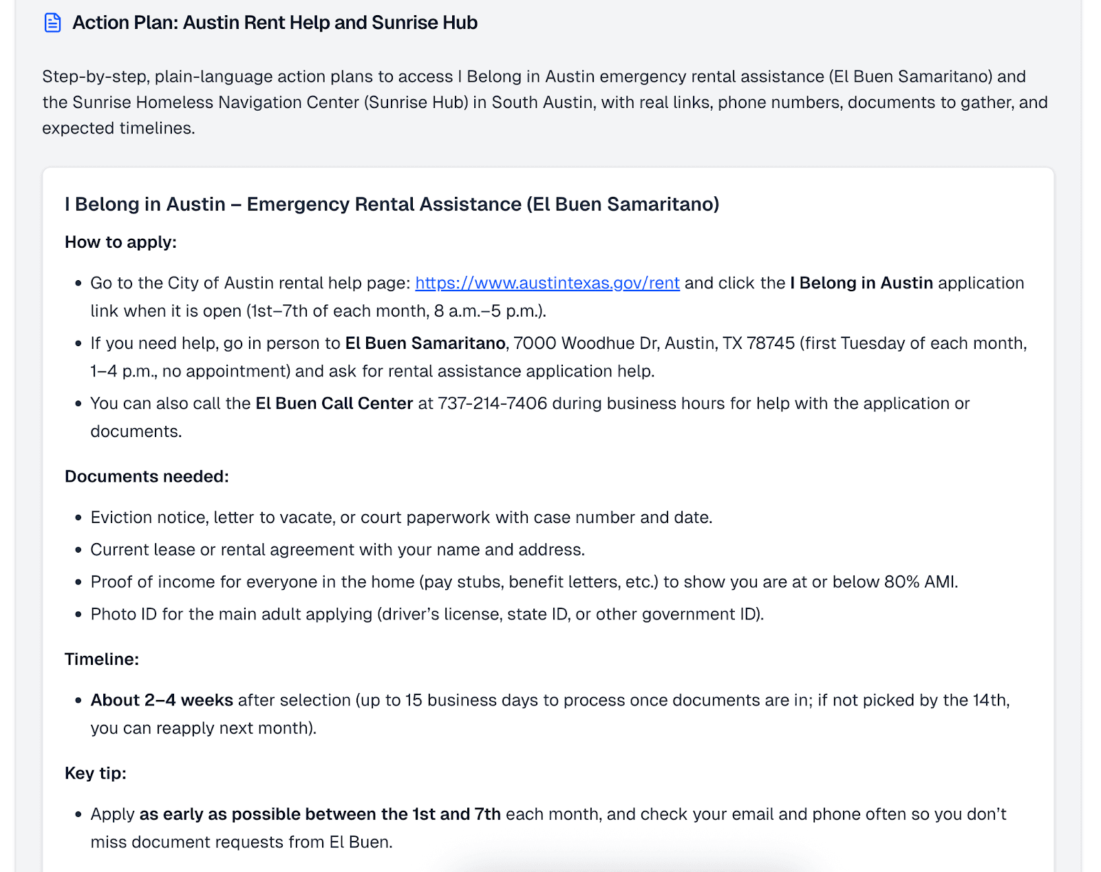 A screenshot of an action plan generated by the tool for rental assistance in Austin, Texas.