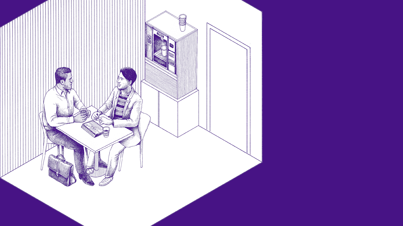 Illustration of an older man and middle-aged east Asian man sitting at a table sorting cards.