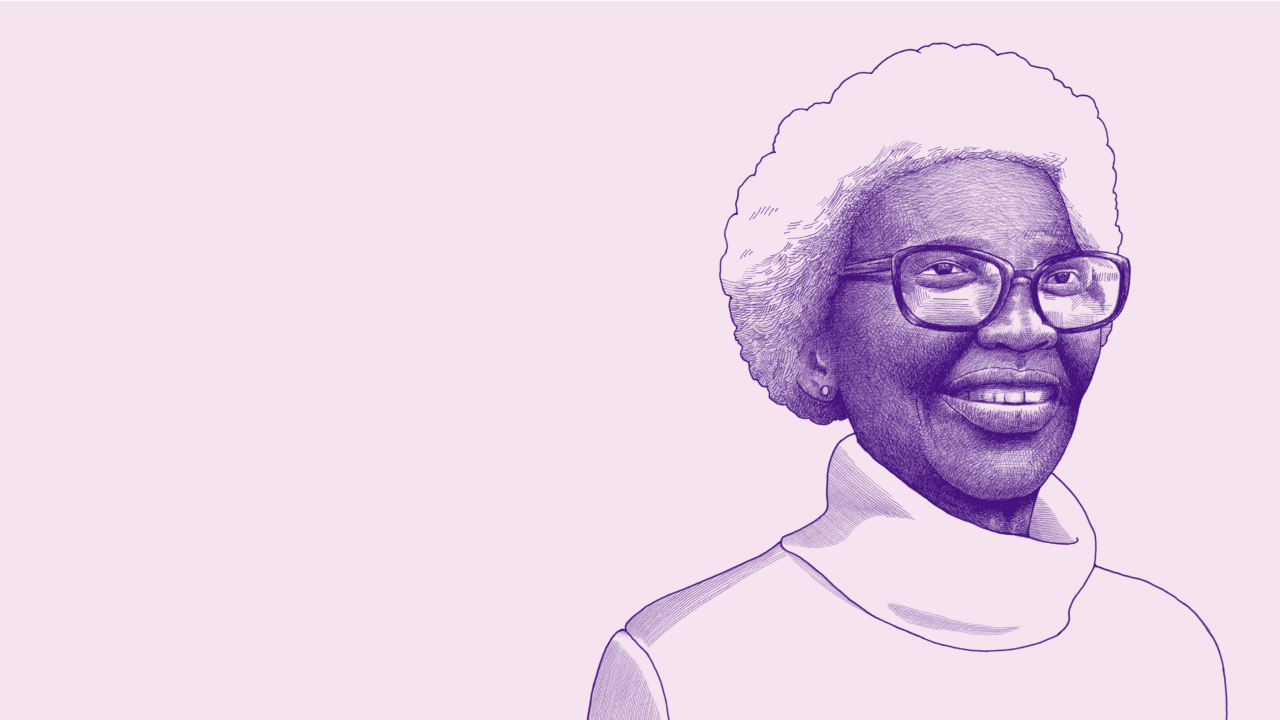 Nava brand line illustration of an elderly Black woman smiling in purple ink. Illustrations show the diversity of humanity through a journalistic, intentionally imperfect, photo-realistic style.