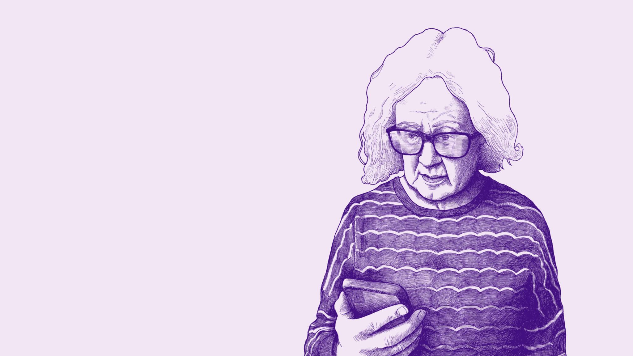Nava brand line illustration of an elderly Black woman smiling in purple ink. Illustrations show the diversity of humanity through a journalistic, intentionally imperfect, photo-realistic style.