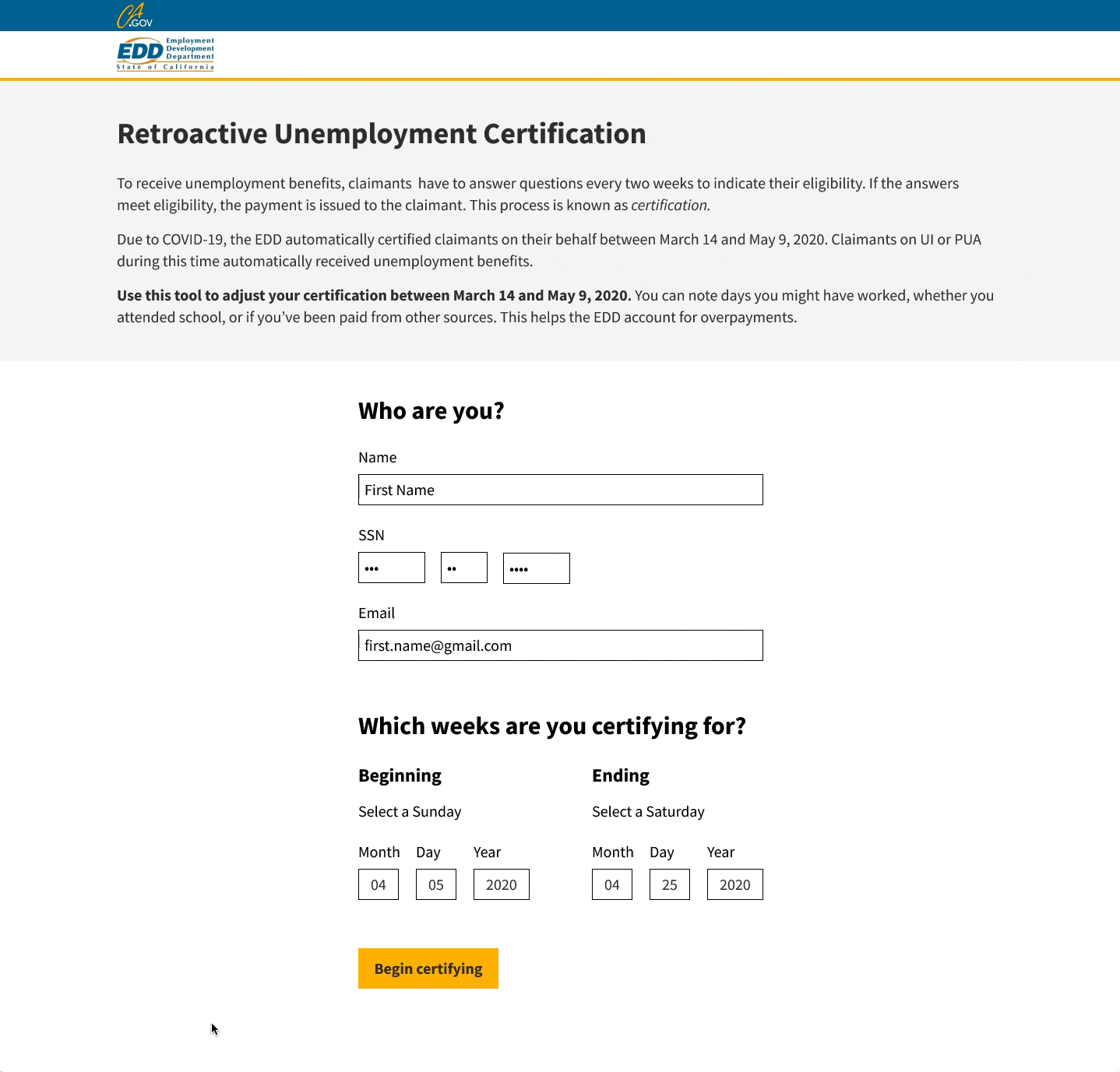 A gif of a prototype for the unemployment application on California's EDD website. Each page contains one objective, such as personal identification.