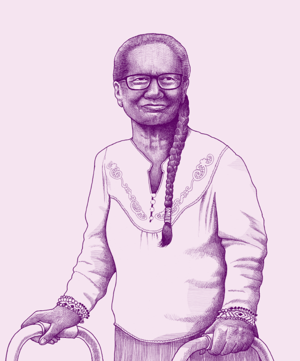 Nava brand line illustration of an elderly Native American woman using a walker in purple ink. Illustrations show the diversity of humanity through a journalistic, intentionally imperfect, photo-realistic style.