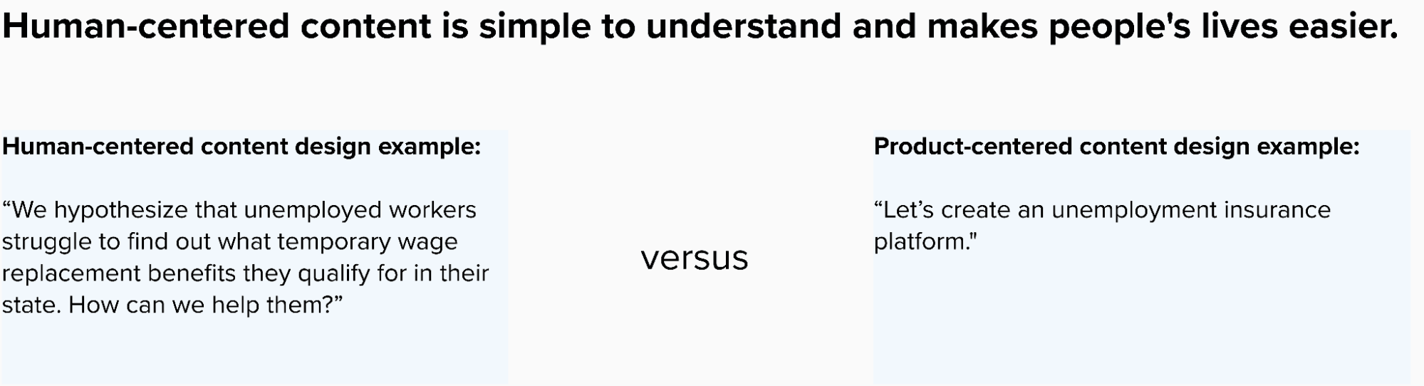 A diagram comparing human-centered content design and product-centered content design.