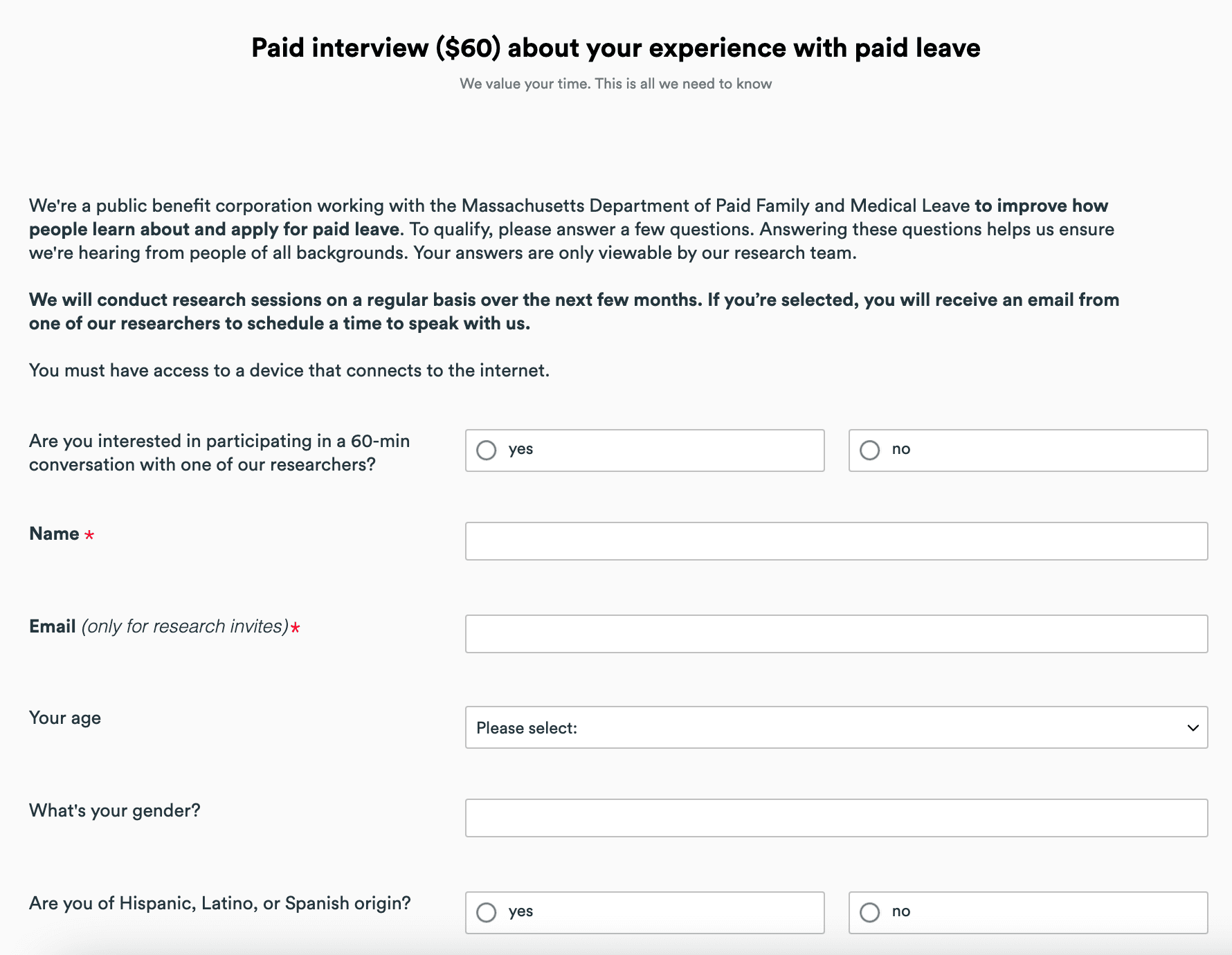 A screenshot of a screener that Nava used for recruiting participants for our work with Massachusetts’ Paid Family and Medical Leave (PFML) program.