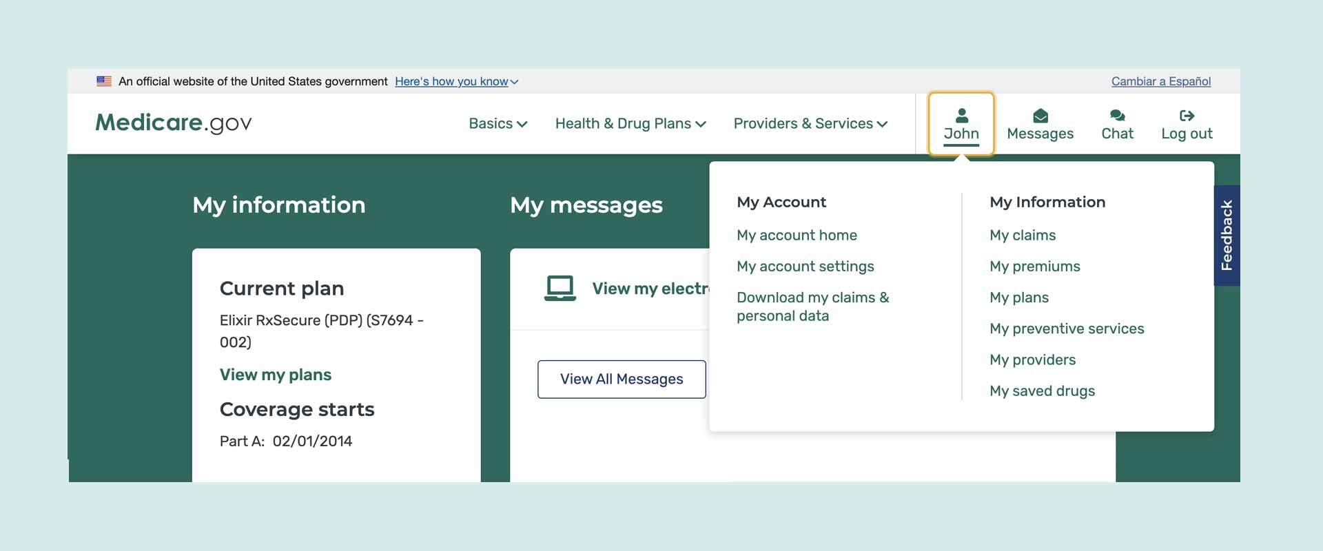 A person signed into Medicare.gov sees a screen with two boxes showing their personal medical information and messages related to their Medicare experience.