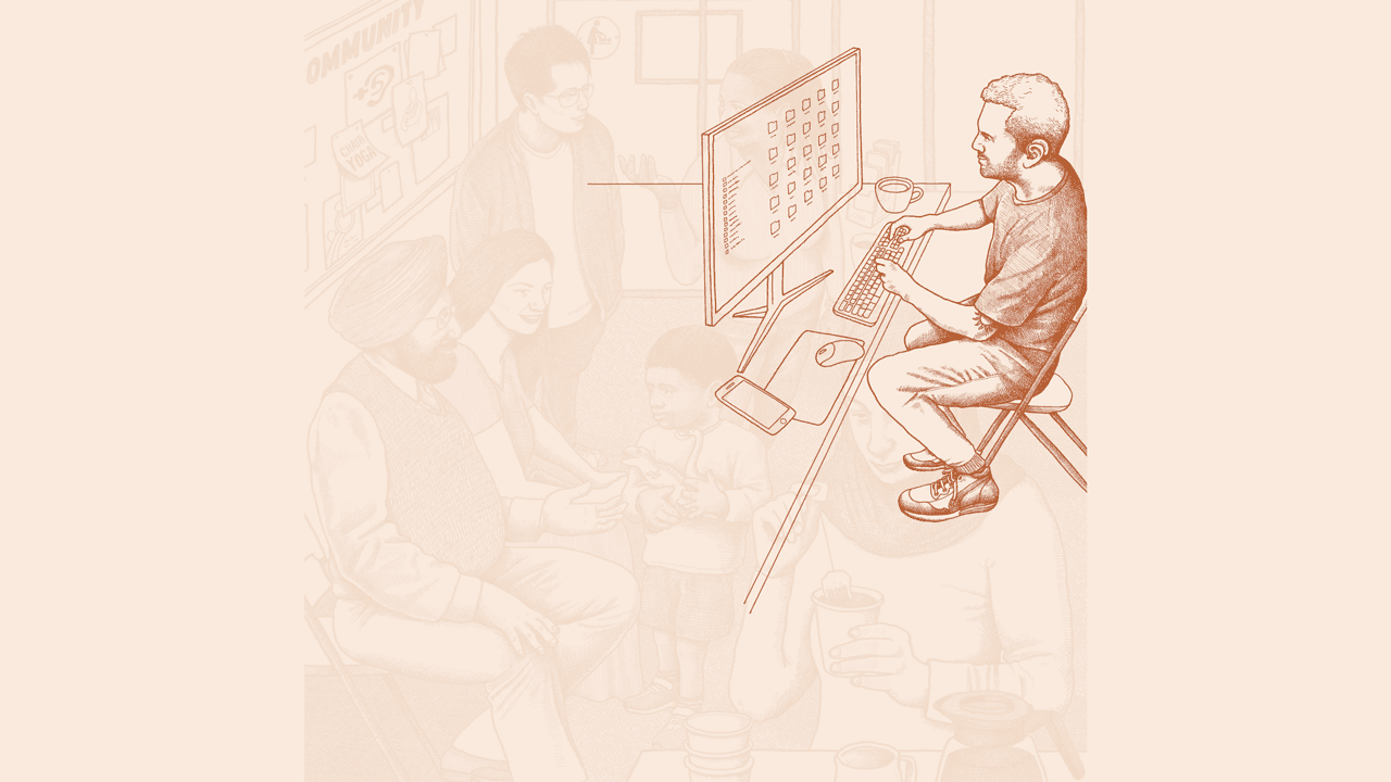 Illustration of a white man who wears a hearing aid. He sits at a computer and fills out a form online.