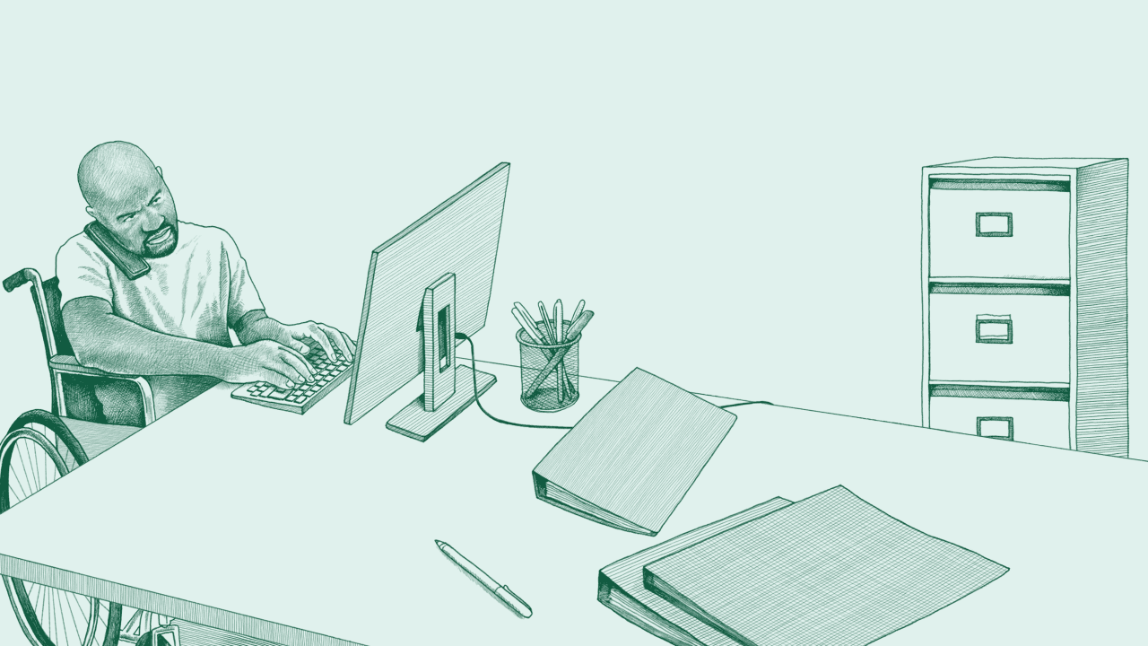 An illustration of a middle-aged Black man in a wheelchair sitting at a desk. He is typing on a laptop and holding a phone between his ear and shoulder.