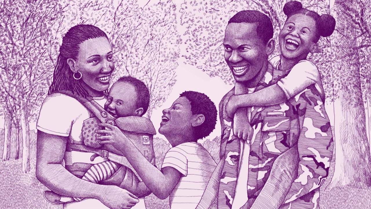 A Black family including a Veteran father, mother, baby, toddler of about five years old, and kid of around ten years old laugh together in a park.