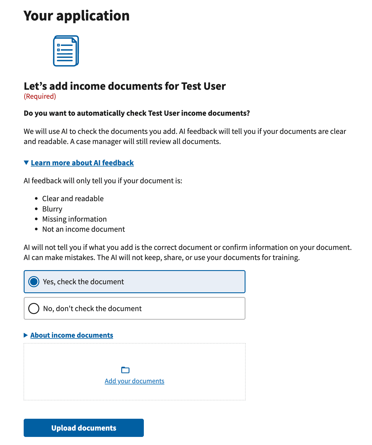 A screenshot of the opt-in screen for DocumentAI that provides details about the AI-powered feedback.