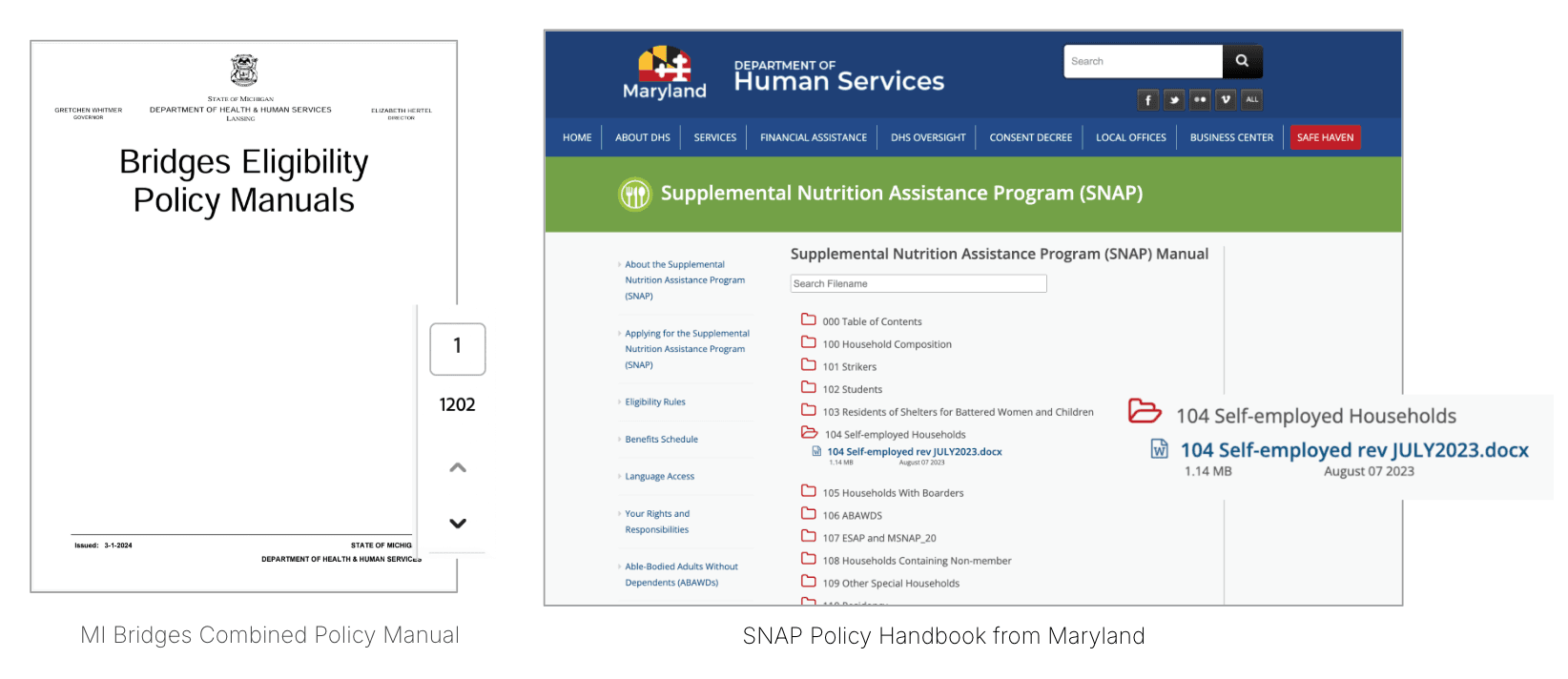 A screenshot of the online Maryland SNAP Policy Handbook and the cover of MI Bridges Combined Policy Manual.