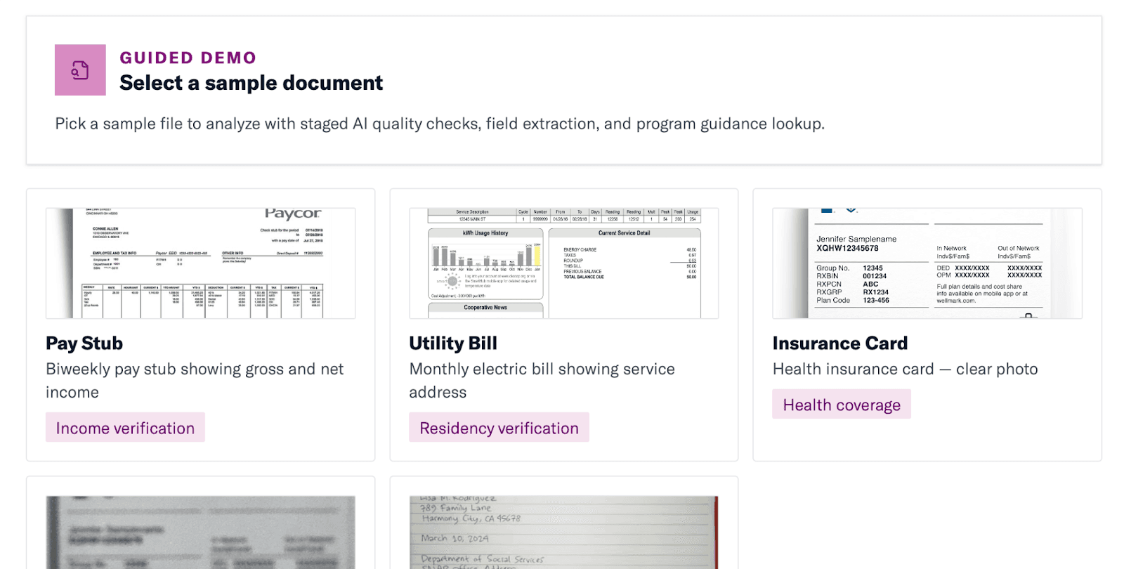 A screenshot of the demo website, offering users the opportunity to select a sample document, such as a utility bill or pay stub, and watch as the DocumentAI tool extracts key information.