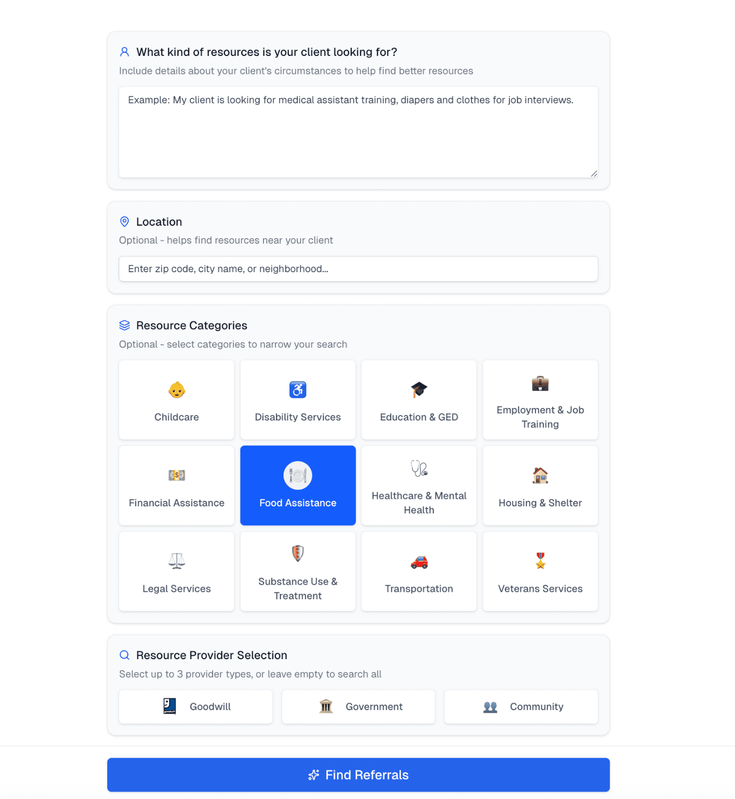 A screenshot of some of the filters that case managers can use when entering information about a client’s needs into the tool.