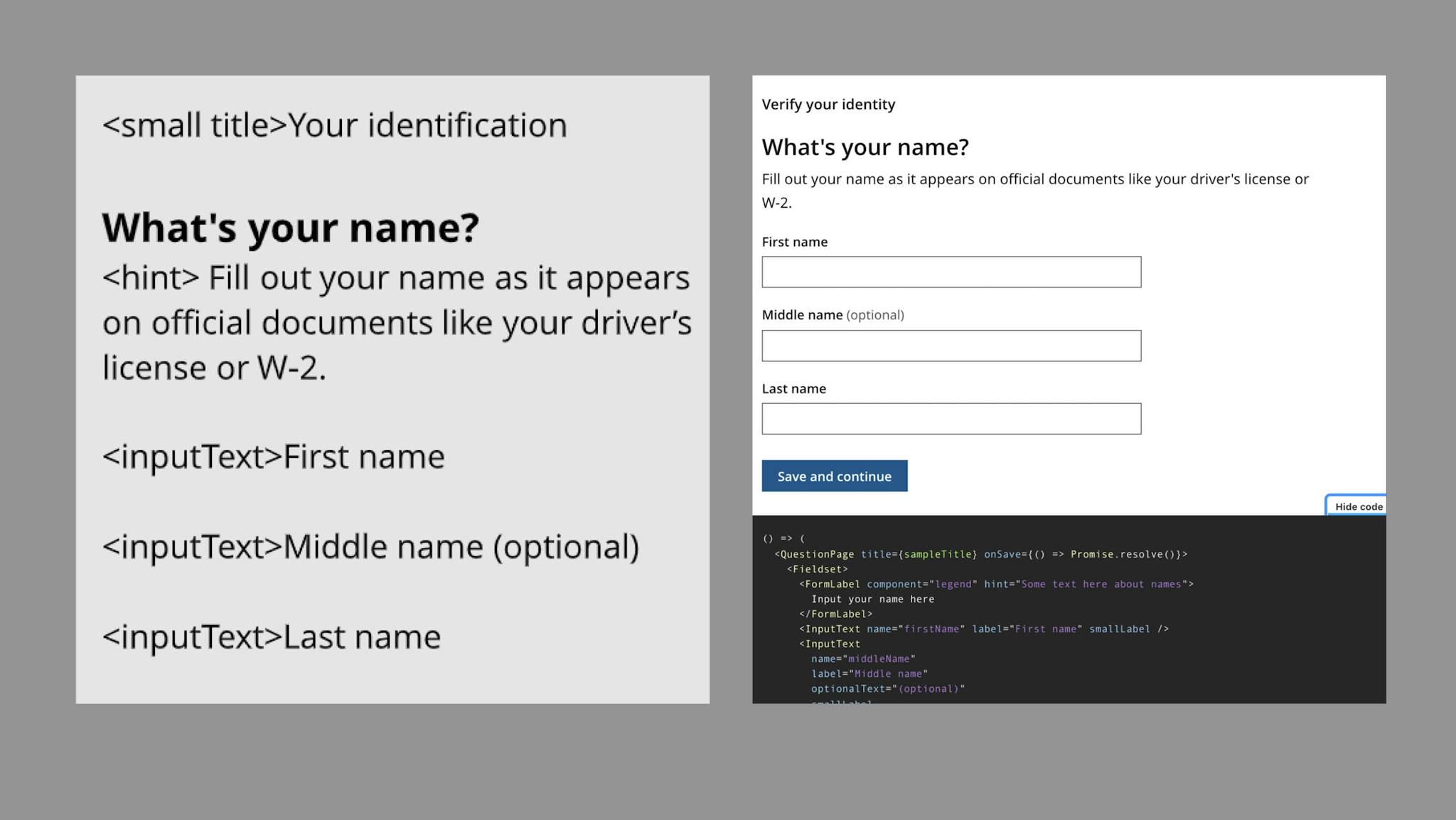 Two different versions of a form featuring the question, "What's your name?" are shown in both Lucidchart and in code.
