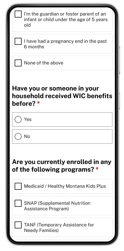A screenshot of the "Have you or someone in your household received WIC benefits before" question from our prototyped screener.