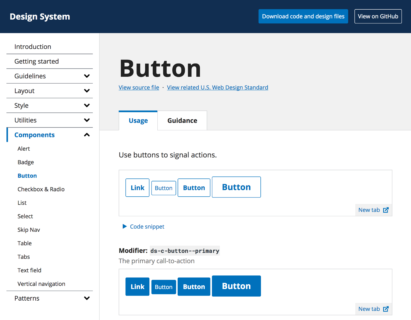 A screenshot of the CMS design system website shows the source code and usage for the button component.