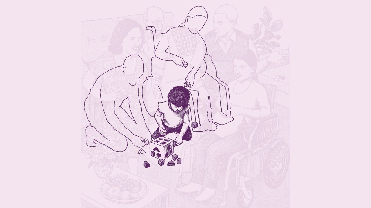 Illustration of a toddler playing with blocks. Behind the toddler there is a pregnant woman in a wheelchair and a person kneeling on the floor.