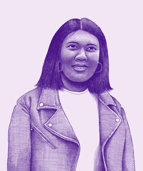Nava brand line illustration of a Latina woman smiling in purple ink. Illustrations show the diversity of humanity through a journalistic, intentionally imperfect, photo-realistic style.