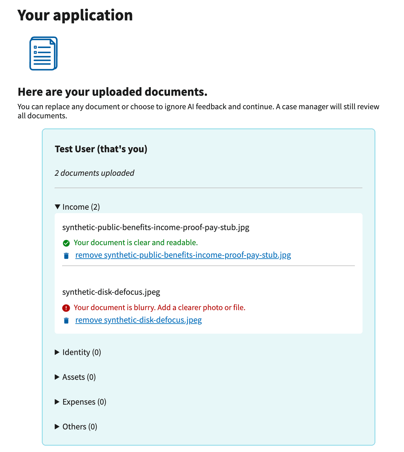 A screenshot of the uploaded document screen for applicants using DocumentAI.