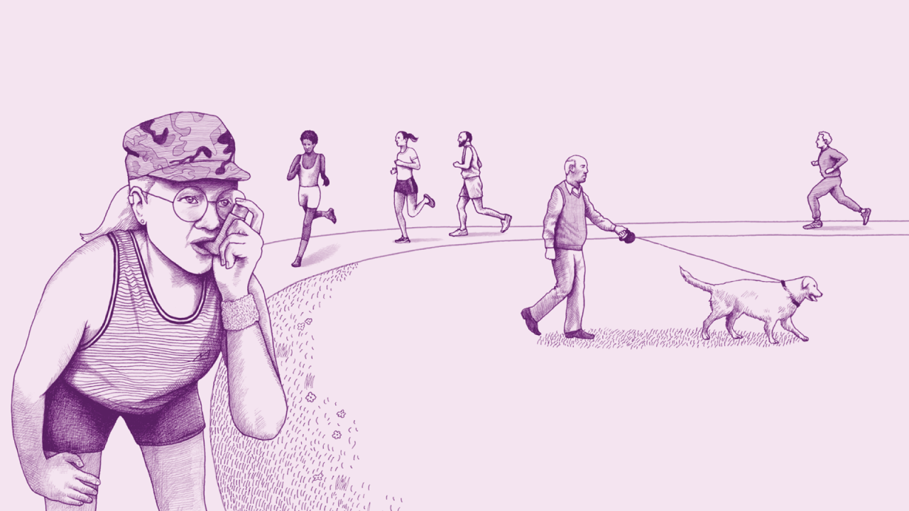 An illustration of a young white woman using an inhaler while taking a break from jogging. She is in a park surrounded by joggers and a man with a dog.
