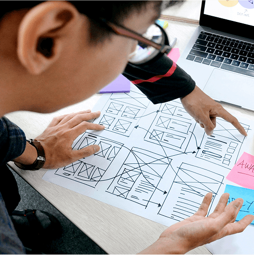 Group of designers working on flow diagram