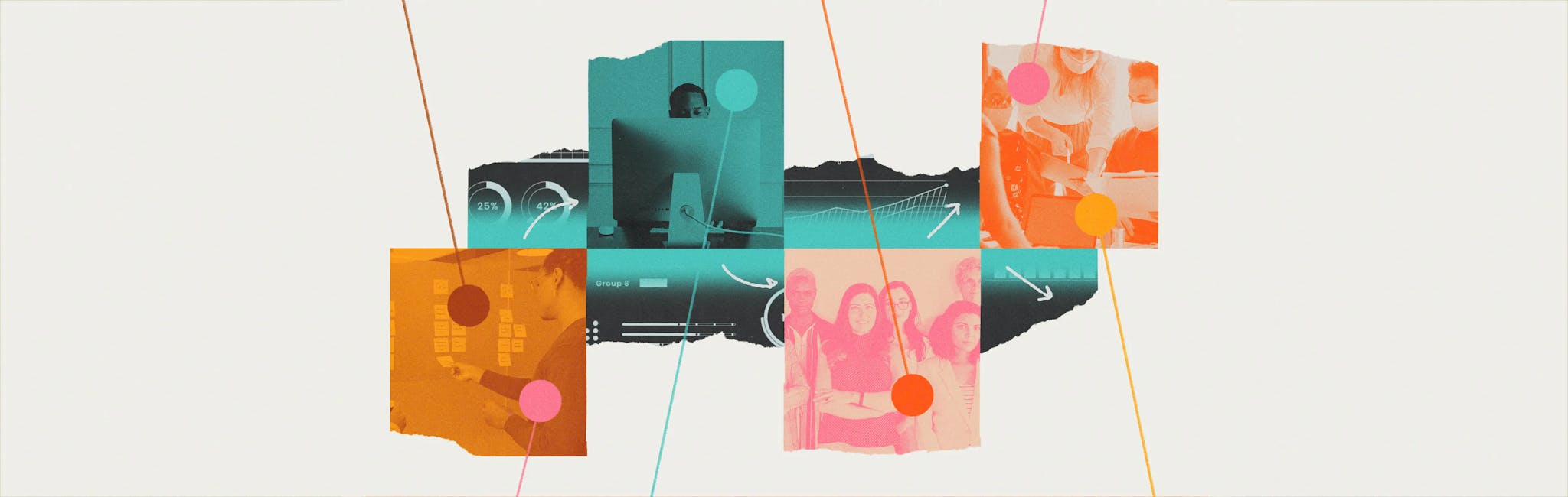 Pink, orange, and sea green photos show people in different stages of the unemployment experience, from waiting in lines to filling out forms, and people working to create a new experience. The photos are connected and intersected by sea green, orange, and pink lines.