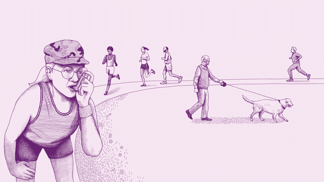 An illustration of a young white woman using an inhaler while taking a break from jogging. She is in a park surrounded by joggers and a man with a dog.