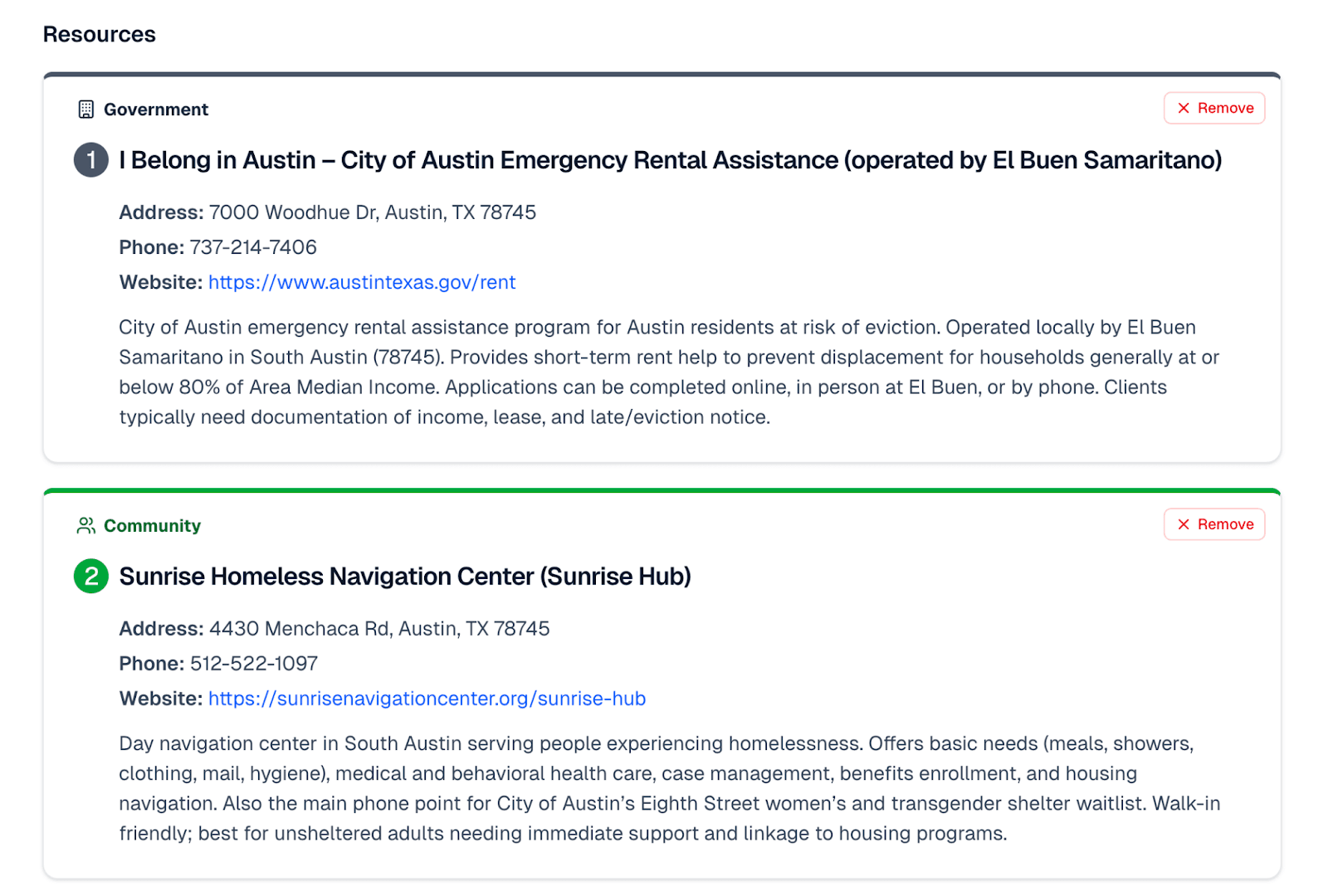 A screenshot of some of the government and community resources that the Referral Generator pulled up for rental assistance in Austin, Texas.