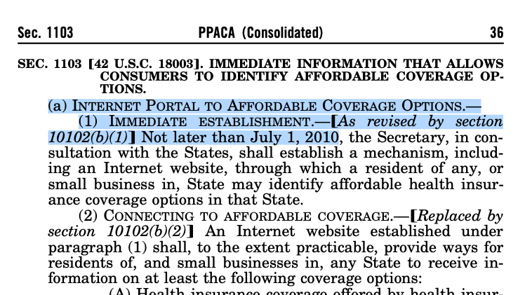 Image of ACA legislation that reads "internet portal to affordable coverage options—immediate establishment—no later than July 2010