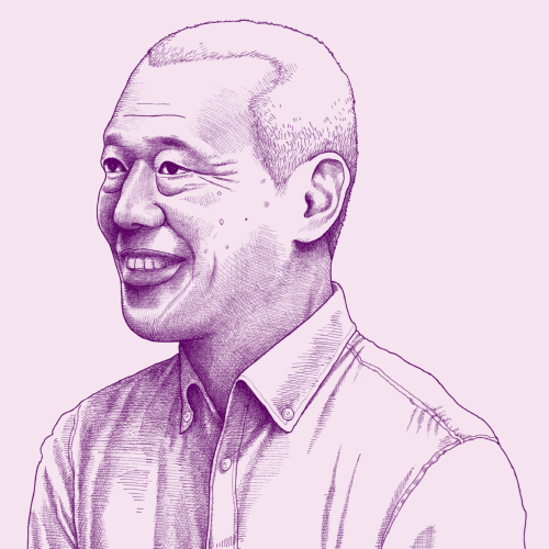 Nava brand line illustration of an Asian man smiling in purple ink. Illustrations show the diversity of humanity through a journalistic, intentionally imperfect, photo-realistic style.