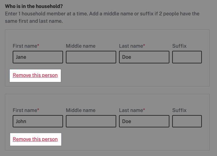 A screenshot of an ABD form asking to fill in information about household members that highlights why the "Remove this person" button could be confusing.